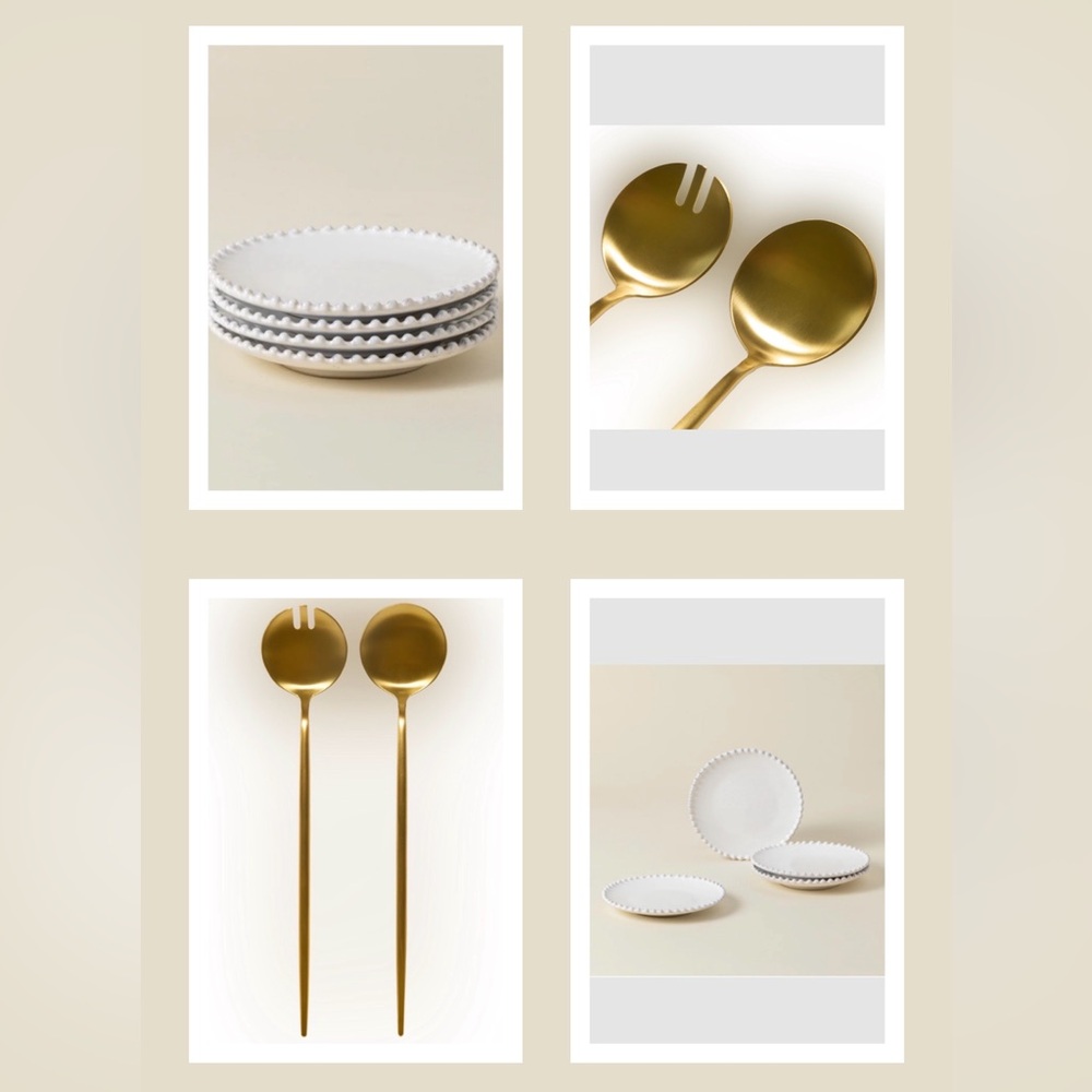 NWT Costa Nova Appetizer Plates Pearl Set of 4 + TAJA Collection Salad Servers